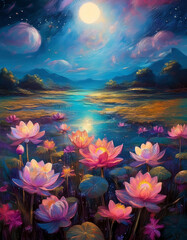  Flowers Field against the night sky in painting style image, part 1