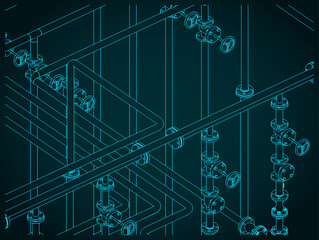 Industrial pipes and valves isometric drawings
