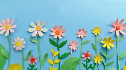 Vibrant Visual Feast: Top - View of Colorful Paper - Cut Flowers with Green Leaves on Blue Background