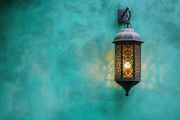 An ornate lamp hangs on an aquamarine textured wall beautifully
