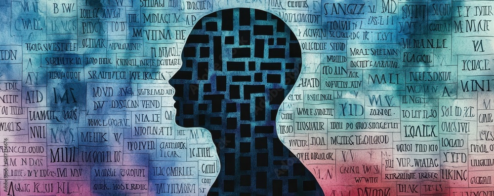 Poster a silhouette of a head filled with abstract patterns, surrounded by colorful, word-filled background