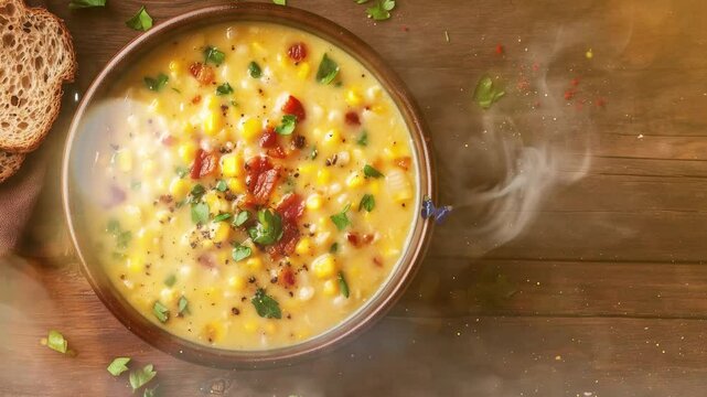 corn chowder soup with bacon seamless looping overlay 4k virtual video animation background