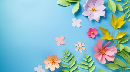 Fototapeta premium Vibrant Visual Feast: Top - View of Colorful Paper - Cut Flowers with Green Leaves on Blue Background