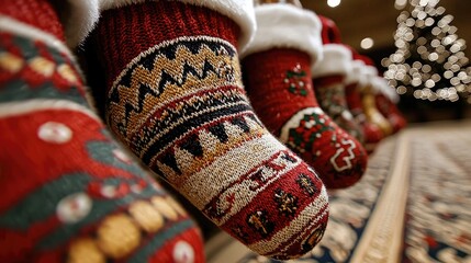 Festive Christmas stockings on mantle, blurry tree background; holiday decor