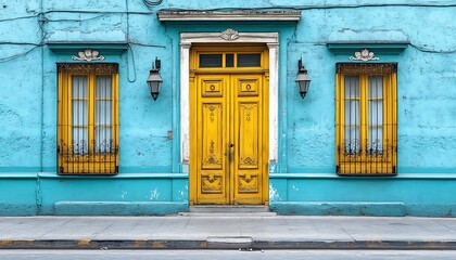 Naklejka premium Teal House, Yellow Door, City Street