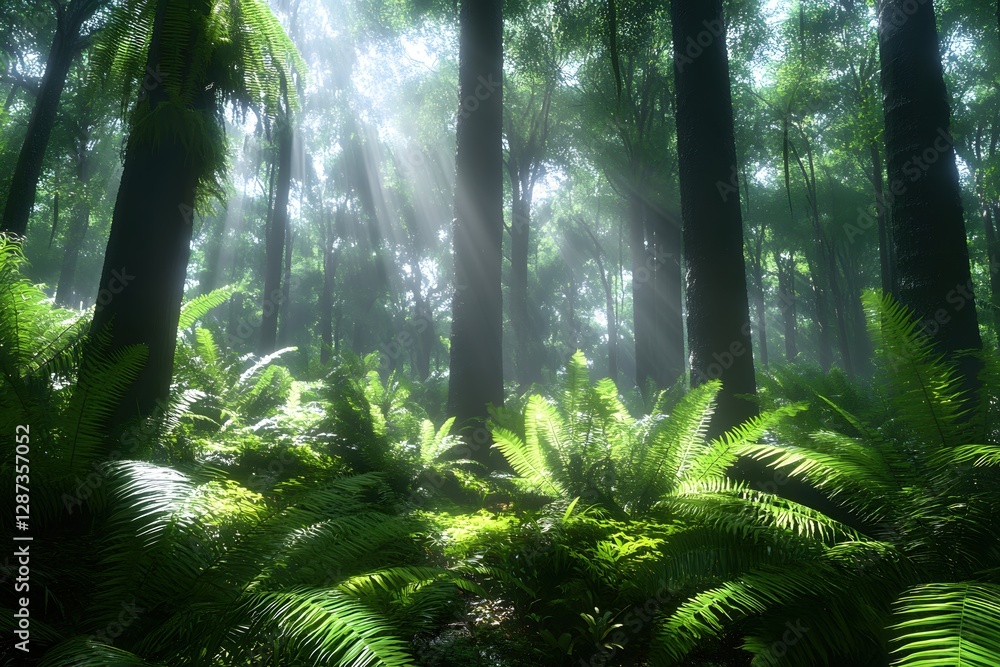 Poster sunlit forest canopy with lush green ferns and tall trees creating a serene atmosphere
