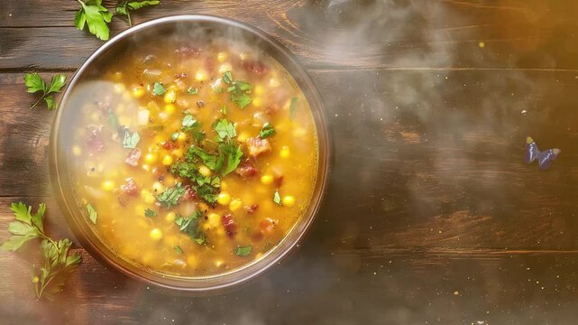 corn chowder soup with bacon on wooden table seamless looping overlay 4k virtual video animation background