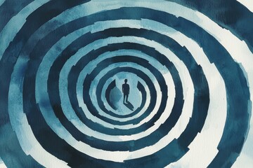 A solitary figure stands in a swirling vortex of blue and white circles, evoking a sense of depth and contemplation.