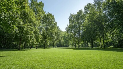 Naklejka premium Sunny park with green trees and grass. Wide open space. Perfect for relaxing or walks. Could be used in articles or ads about nature