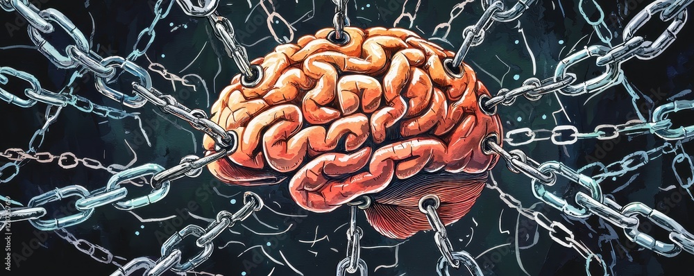 Poster a visually striking image depicting a brain encircled by chains, symbolizing restriction or entrapme