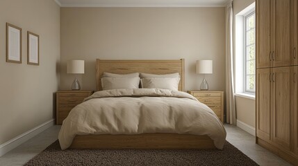 Comforting bedroom features wooden furniture and neutral color palette