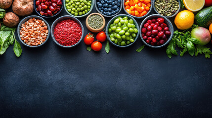 variety of colorful fruits, vegetables, and seeds are arranged in bowls on dark background, showcasing healthy and vibrant selection of anti inflammatory foods
