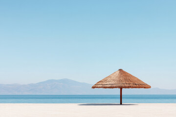 A beach scene with a small umbrella and a blue sky