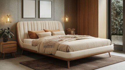 Elegant bedroom showcases a modern upholstered bed with neutral tones