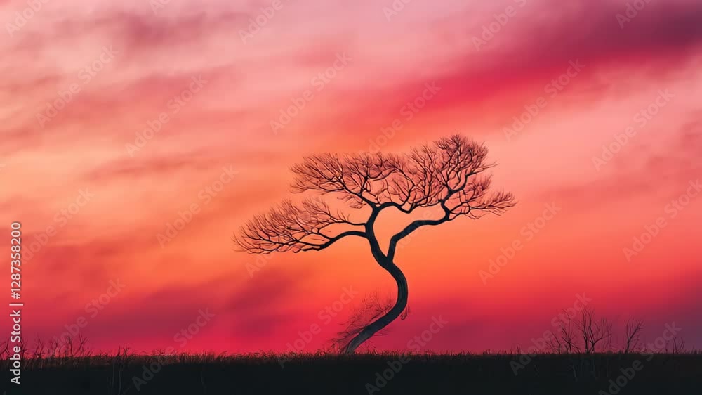 Poster surreal tree with branches flowing into colorful abstract sky creating dreamlike landscape with warm