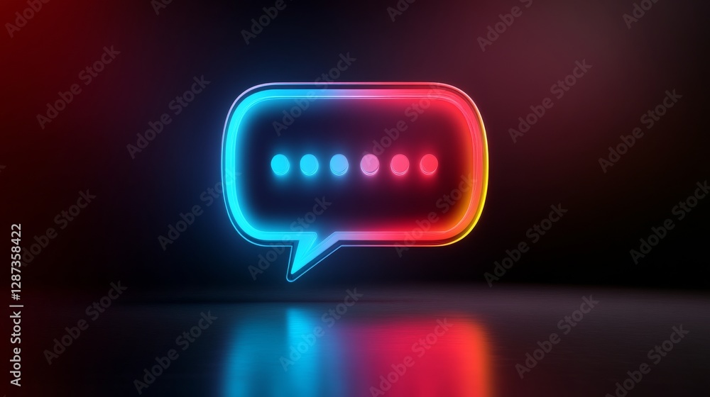 Fototapete neon speech bubble with glowing dots on dark background, illuminating blues and reds. modern communi