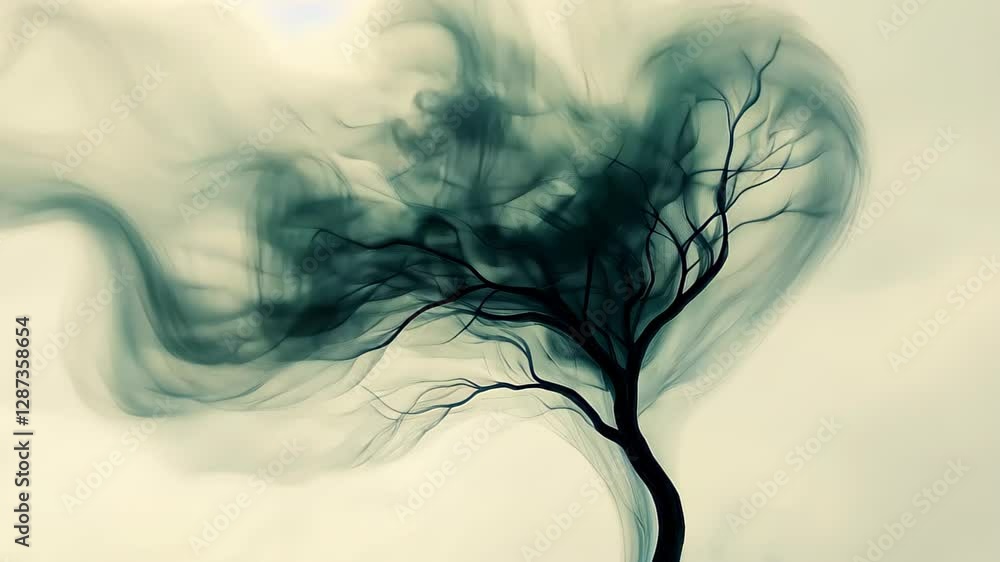 Poster surreal tree with branches transforming into flowing streams against soft beige background in mystic