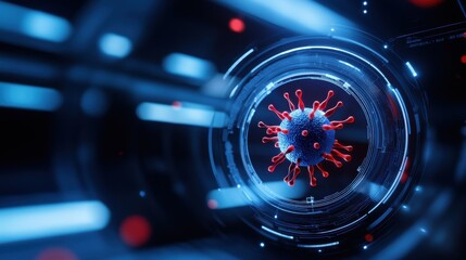 A high-tech depiction of a virus, featuring vibrant red spikes against a dark, illuminated backdrop, emphasizing a futuristic theme.