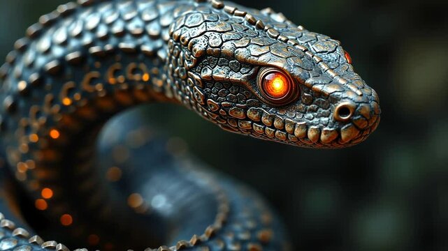 Intricate Metallic Cobra with Glowing Eyes Over A Dark Background in Macro Photography