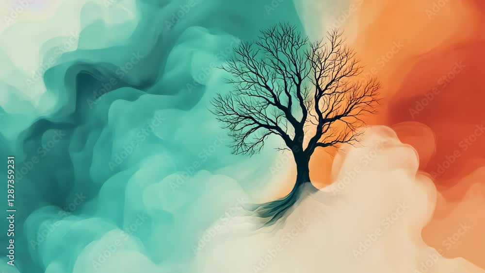 Poster surreal tree with branches flowing like water in colorful abstract landscape with dreamlike vivid co