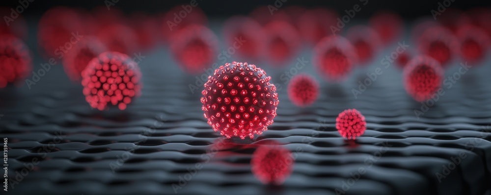 Poster a close-up view of red, spherical particles on a textured surface, resembling viral or microbial str