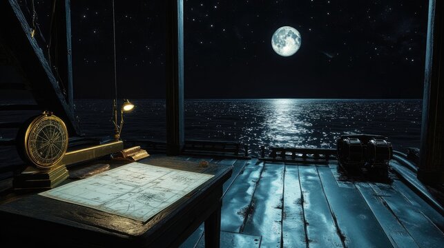 A serene night scene shows a ship's deck with a map and instruments under moonlight. A compass and lamp sit atop a desk, highlighting navigation under the starry sky.