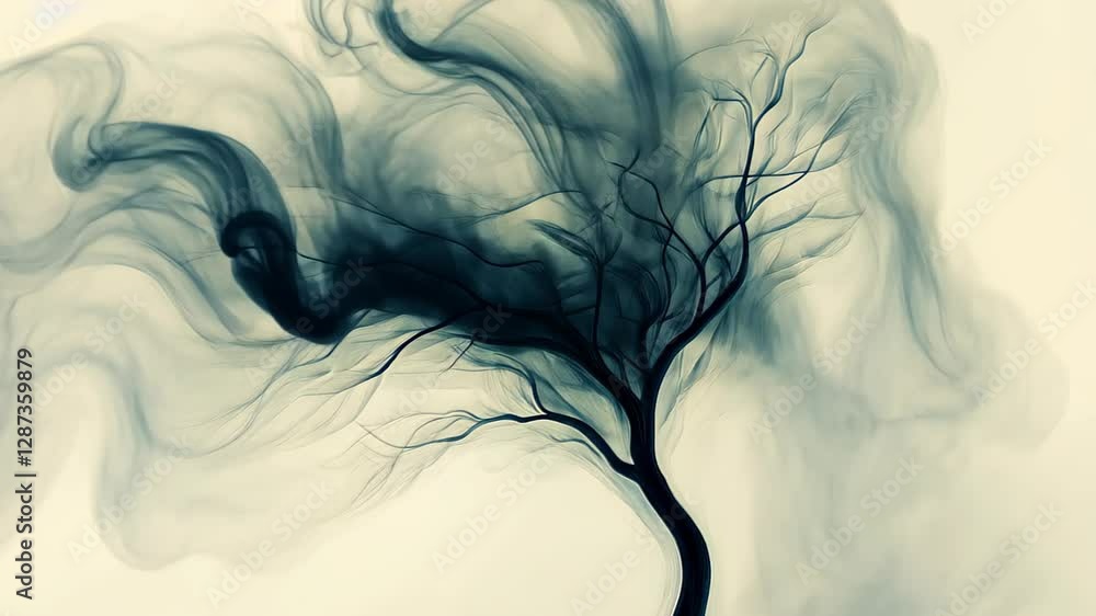 Poster surreal tree with branches transforming into flowing streams against soft beige background in mystic