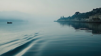 Calm coastal dawn, boat, hazy village, tranquil waters, travel