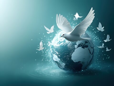 Serene world doves flying around earth globe symbol of peace hope and global harmony - Powered by Adobe