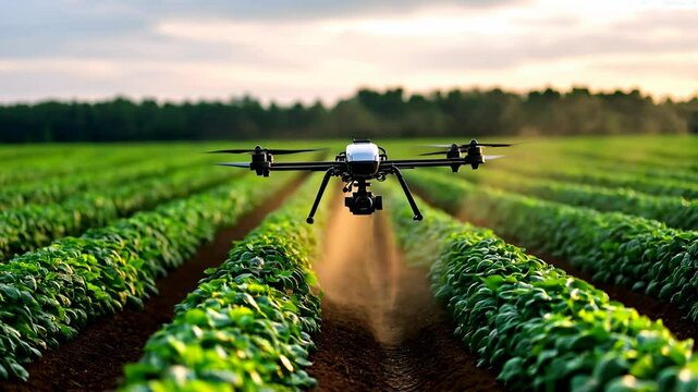 A aerial view captures lush agricultural fields with neat crop rows under a clear sky. A modern drone hovers above, highlighting precision farming and innovative technology.