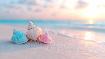 Seashells on beach at sunset, ocean background, travel postcard