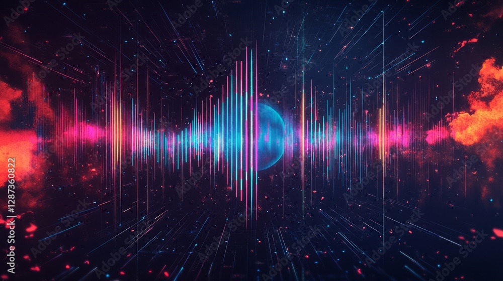 Poster soundwave visualizer with glowing particles