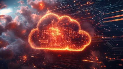 Glowing cloud icon merging with a circuit board, representing modern cloud computing technology