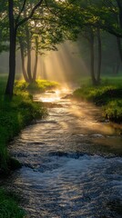 Naklejka premium Sunrise Stream Woods