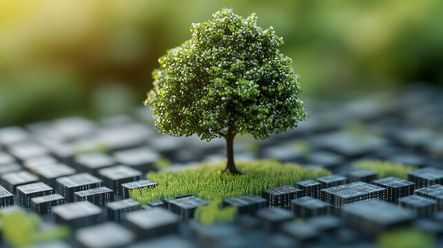 Green tree in digital city. Nature in technology