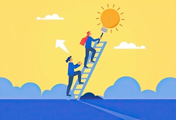 Effective crisis management skills for leaders Business Growth Concept with Two People Climbing Ladder Towards Light Bulb Idea in a Bright Yellow Background
