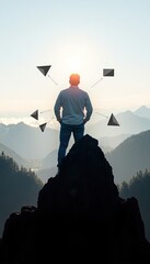 Effective crisis management skills for leaders Man Standing on Mountain Peak with Sunlight and Geometric Shapes, Symbolizing Adventure and Exploration