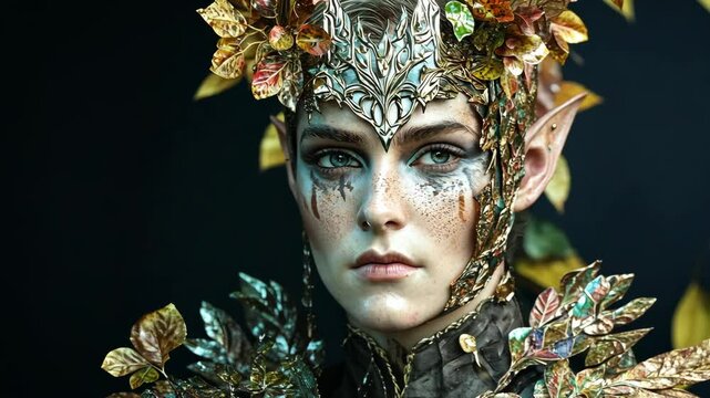 Captivating elf portrait adorned with autumn foliage in a mystical woodland setting