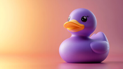 Purple rubber duck on a pink and orange gradient background, soft lighting. Children's toy and playful concept