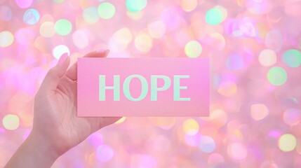 Hand Holding a Pink Card with the Word Hope Against a Colorful Background