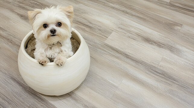 Cute puppy in planter, wood floor, home decor