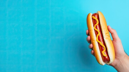 A hand holding a classic hot dog with mustard against a vibrant blue background.