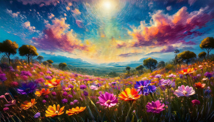 Fototapeta premium Flowers Field against the sky in painting style image, part 12