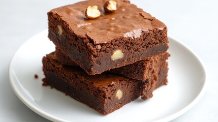 Delicious brownies stacked on a plate, topped with nuts and rich chocolate flavor.