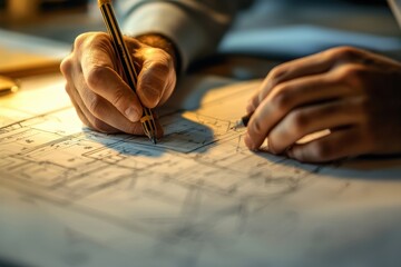 A close-up view of hands using drafting tools to create detailed architectural plans on a blueprint, showcasing precision and creativity.