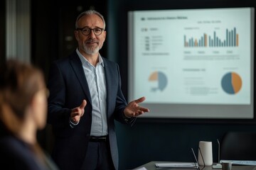 A confident business professional presents data-driven insights during a corporate meeting, engaging colleagues with visual statistics on a screen.