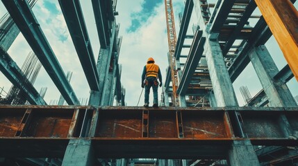 A construction worker stands on a steel beam at a building site, overseeing the progress of a modern architectural project under a blue sky.