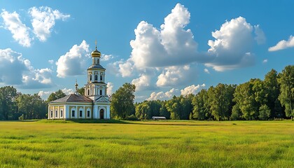 Church, meadow, summer, sky, clouds, field, landscape, Russia, peaceful, tourism