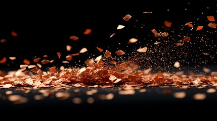 Copper confetti explosion on dark surface