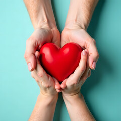 Obraz premium Hands gently holding a red heart against a plain blue background, symbolizing love, care, and compassion